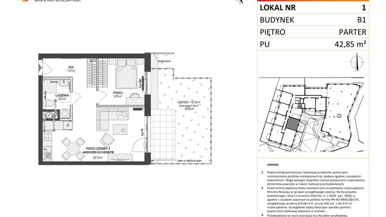 Rzut - Mieszkanie na sprzedaż 2 pokoje o powierzchni 42,85 m² - numer 1 w Leśna Góra