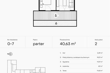 Rzut - Mieszkanie na sprzedaż 2 pokoje o powierzchni 40,63 m² - numer 0-7 w Pączka 1
