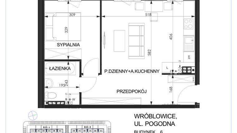 Rzut - Mieszkanie na sprzedaż 2 pokoje o powierzchni 46,9 m² - numer 6C - 3B w Zielona Lutynia