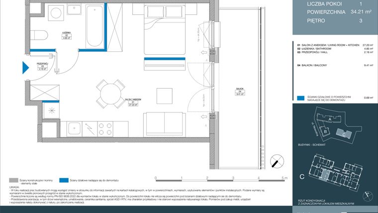 Rzut - Mieszkanie na sprzedaż 1 pokój o powierzchni 34,21 m² - numer C.1.4.3 w Meri Apartamenty