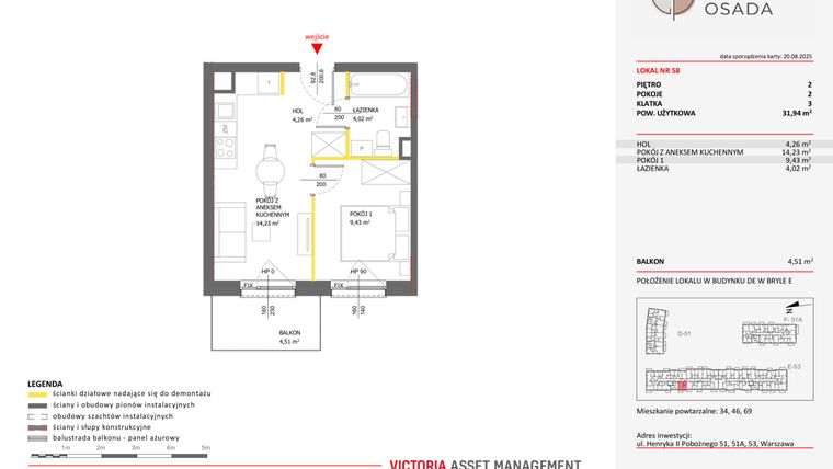 Rzut - Mieszkanie na sprzedaż 2 pokoje o powierzchni 31,94 m² - numer E.58 w Piastova Osada