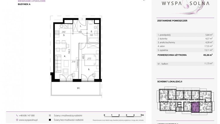 Rzut - Mieszkanie na sprzedaż 2 pokoje o powierzchni 45,26 m² - numer A2.10 w Wyspa Solna Etap III, budynek A