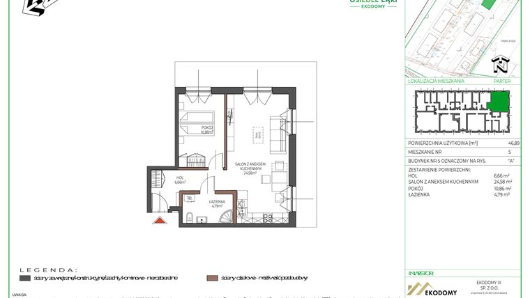 Rzut - Mieszkanie na sprzedaż 2 pokoje o powierzchni 46,93 m² - numer 5 w Osiedle Polna bud. 5