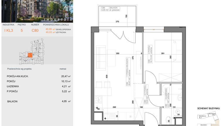 Rzut - Mieszkanie na sprzedaż 2 pokoje o powierzchni 40,03 m² - numer I-C80 w Industria etap I-D oraz I-C