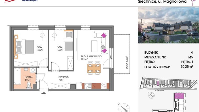 Rzut - Mieszkanie na sprzedaż 3 pokoje o powierzchni 60,25 m² - numer Bud.4-5 w Willa Magnolia