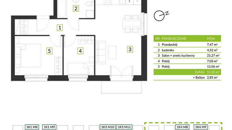 Rzut - Mieszkanie na sprzedaż 3 pokoje o powierzchni 51,35 m² - numer 1K4 M10 w Osiedle Krzeptów przy lesie