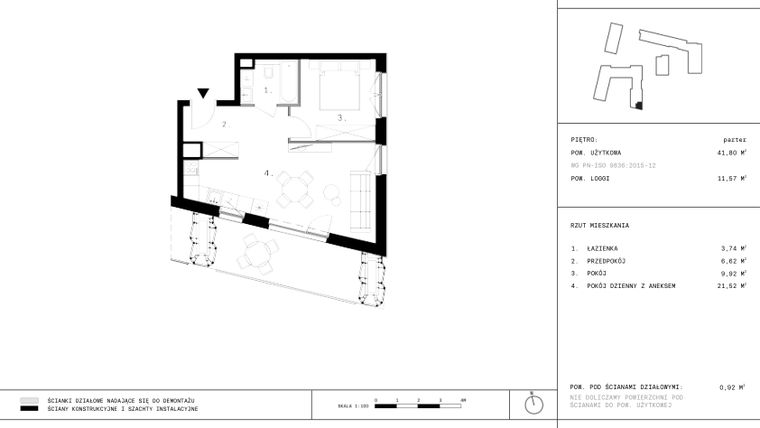 Rzut - Mieszkanie na sprzedaż 2 pokoje o powierzchni 41,74 m² - numer 91 w 28 czerwca 1956 r.