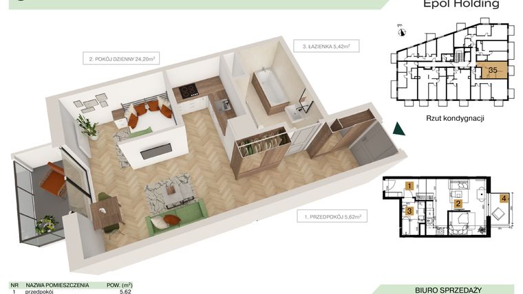 Rzut - Mieszkanie na sprzedaż 1 pokój o powierzchni 35,24 m² - numer B1.M35 w Tutaj Bunscha