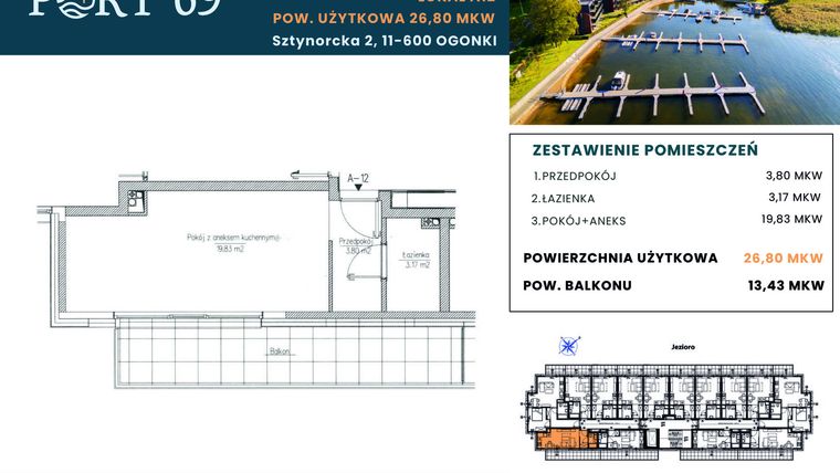 Rzut - Mieszkanie na sprzedaż 1 pokój o powierzchni 26,8 m² - numer A-12 w Port 69