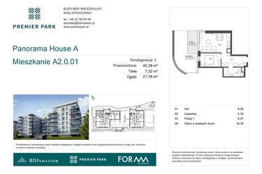Rzut - Mieszkanie na sprzedaż 2 pokoje o powierzchni 40,38 m² - numer A2.0.01 w Premier Park II