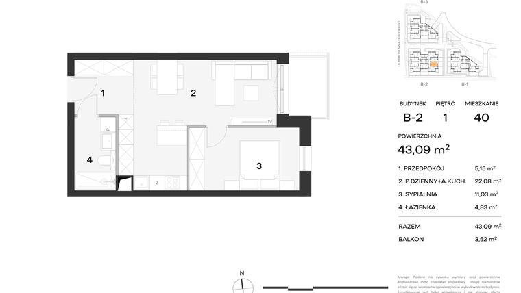 Rzut - Mieszkanie na sprzedaż 1 pokój o powierzchni 43,09 m² - numer 40 w Koncertowa Dolina