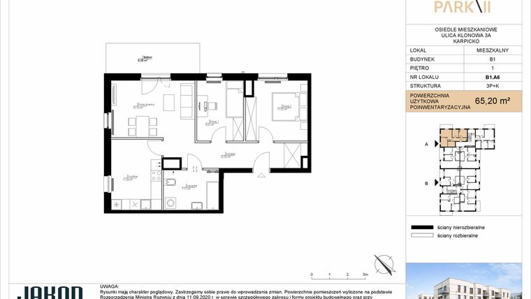 Rzut - Mieszkanie na sprzedaż 3 pokoje o powierzchni 65,2 m² - numer B1.A6 w Merano Park II