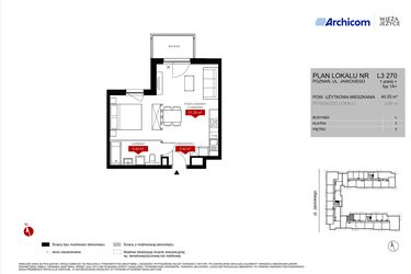 Rzut - Mieszkanie na sprzedaż 1 pokój o powierzchni 40,24 m² - numer L3.270 w Wieża Jeżyce etap VI