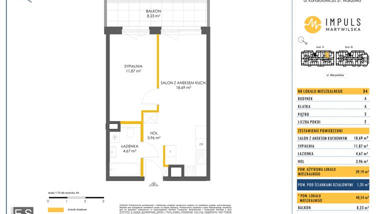 Rzut - Mieszkanie na sprzedaż 2 pokoje o powierzchni 40,54 m² - numer A/34 w Impuls Marywilska