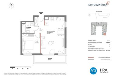 Rzut - Mieszkanie na sprzedaż 2 pokoje o powierzchni 54,5 m² - numer K.2.1 w Łopuszańska 47 - etap 3