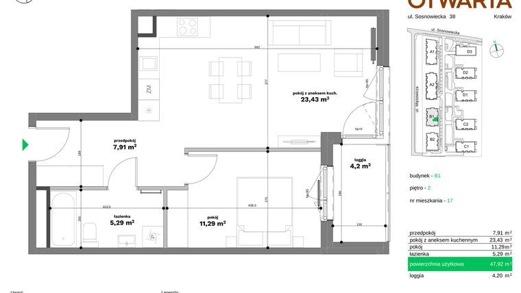 Rzut - Mieszkanie na sprzedaż 2 pokoje o powierzchni 47,92 m² - numer B1-17 w Forma Otwarta etap II