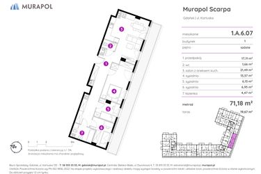 Rzut - Mieszkanie na sprzedaż 4 pokoje o powierzchni 71,18 m² - numer 1.A.6.07 w Murapol Scarpa