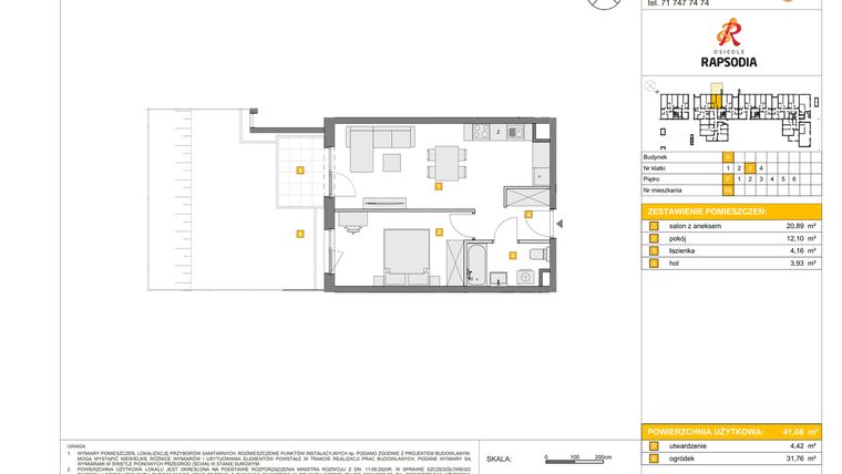 Rzut - Mieszkanie na sprzedaż 2 pokoje o powierzchni 41,08 m² - numer A.68 w Osiedle Rapsodia