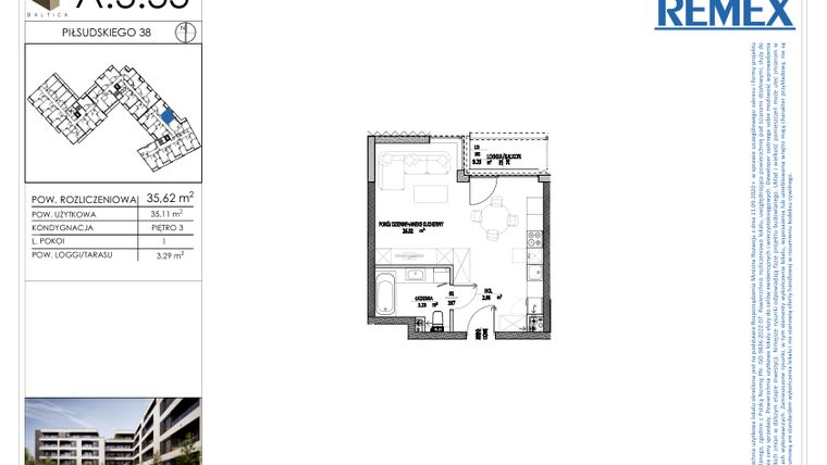 Rzut - Mieszkanie na sprzedaż 1 pokój o powierzchni 35,62 m² - numer A.3.33 w Osiedle BALTICA