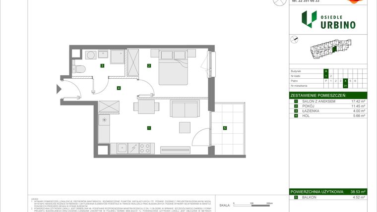 Rzut - Mieszkanie na sprzedaż 2 pokoje o powierzchni 38,53 m² - numer 5.1.A.21 w Osiedle Urbino etap 5