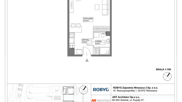 Rzut - Mieszkanie na sprzedaż 1 pokój o powierzchni 31,53 m² - numer E.0M01 w Nowa Wałowa bud. E