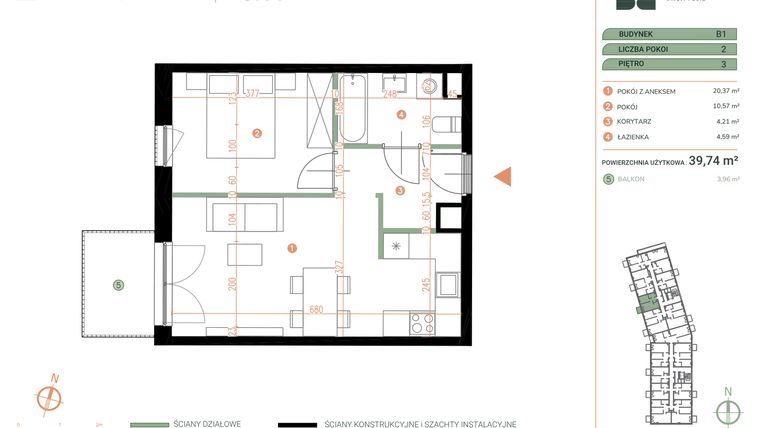 Rzut - Mieszkanie na sprzedaż 2 pokoje o powierzchni 39,74 m² - numer M.03.11 w Casa Feliz Portowa II
