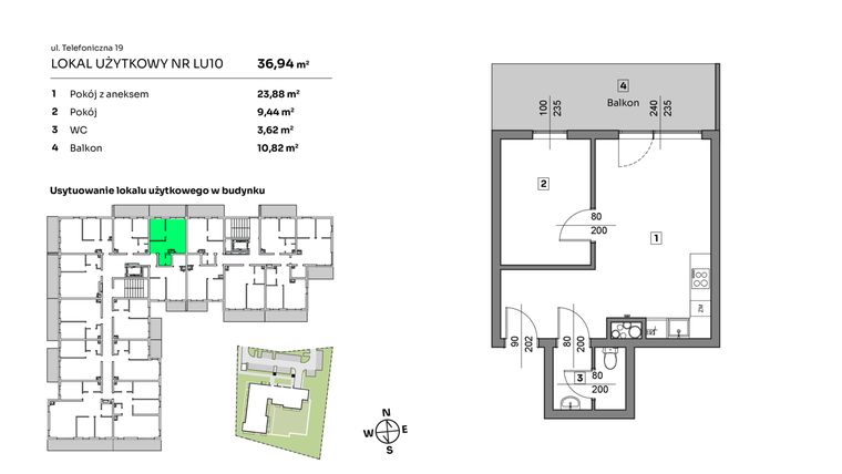Rzut - Mieszkanie na sprzedaż 2 pokoje o powierzchni 36,94 m² - numer L.U. 10 w Nova Radiostacja - apartamenty inwestycyjne