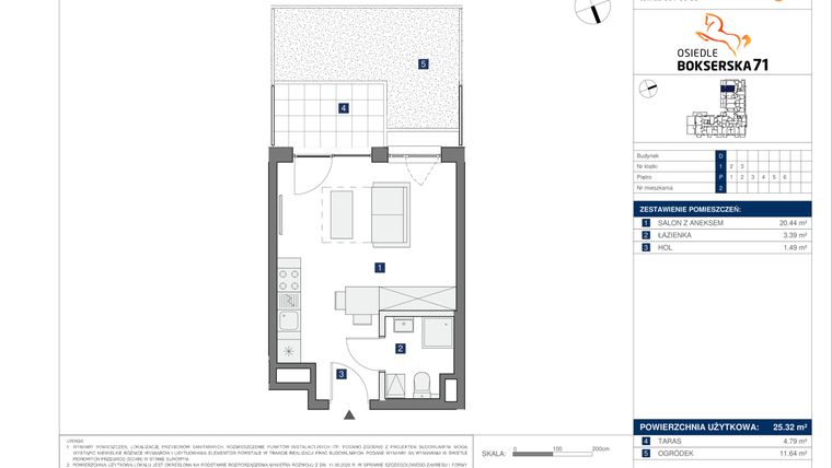 Rzut - Mieszkanie na sprzedaż 1 pokój o powierzchni 25,32 m² - numer D2 w Osiedle Bokserska 71 Etap 2 Faza 3