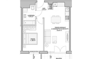 Rzut - Mieszkanie na sprzedaż 2 pokoje o powierzchni 44,01 m² - numer WO/P33/44 w Wiszące Ogrody