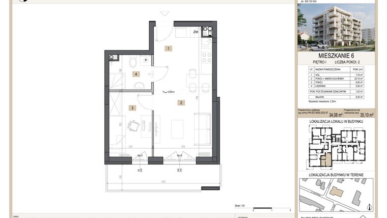 Rzut - Mieszkanie na sprzedaż 2 pokoje o powierzchni 35,1 m² - numer M6 w Nova Leszczyńska