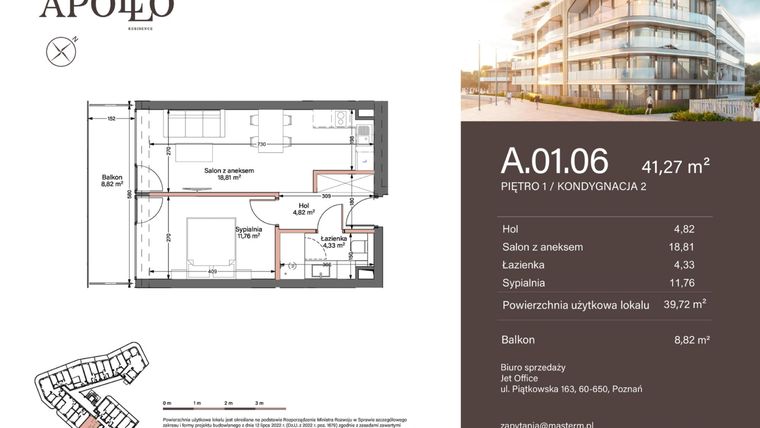 Rzut - Mieszkanie na sprzedaż 2 pokoje o powierzchni 39,72 m² - numer A.1.06 w Apollo Residence