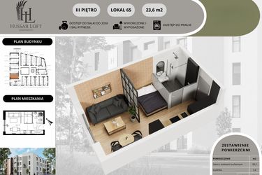 Rzut - Mieszkanie na sprzedaż 1 pokój o powierzchni 23,6 m² - numer 65 w Hussar Loft - Apartamenty inwestycyjne