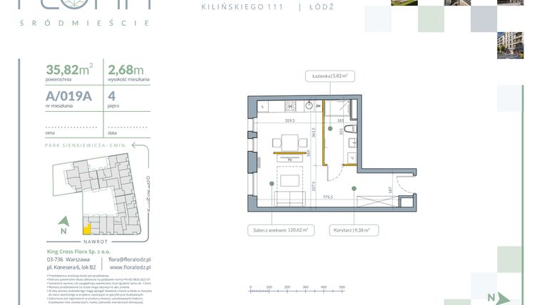 Rzut - Mieszkanie na sprzedaż 1 pokój o powierzchni 35,82 m² - numer A.19A w Flora Śródmieście