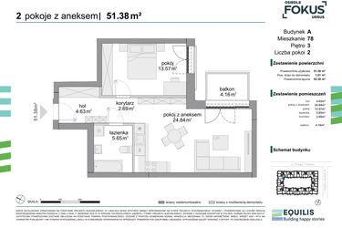 Rzut - Mieszkanie na sprzedaż 2 pokoje o powierzchni 51,38 m² - numer 78 w Osiedle Fokus Ursus
