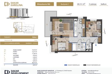 Rzut - Mieszkanie na sprzedaż 3 pokoje o powierzchni 68,14 m² - numer 6 w Osiedle Dakar Karolina