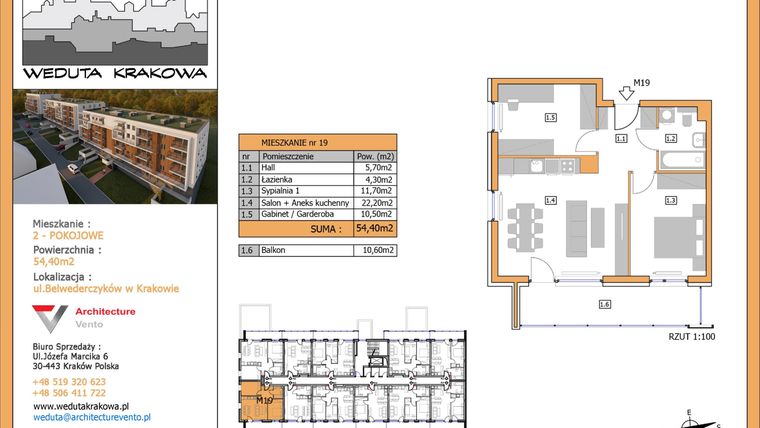 Rzut - Mieszkanie na sprzedaż 2 pokoje o powierzchni 54,4 m² - numer M19 w Weduta Krakowa etap II