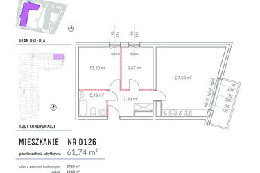 Rzut - Mieszkanie na sprzedaż 3 pokoje o powierzchni 61,74 m² - numer D126 w Osiedle Impresja 2