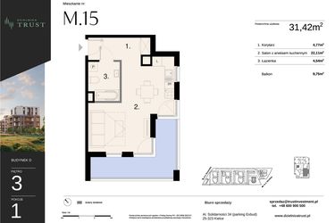 Rzut - Mieszkanie na sprzedaż 1 pokój o powierzchni 31,42 m² - numer D - M.15 w Dzielnica Trust