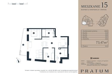 Rzut - Mieszkanie na sprzedaż 4 pokoje o powierzchni 73,47 m² - numer M15 w Pratum Apartamenty Etap I