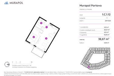 Rzut - Mieszkanie na sprzedaż 2 pokoje o powierzchni 38,87 m² - numer 1.C.1.12 w Murapol Portovo etap II