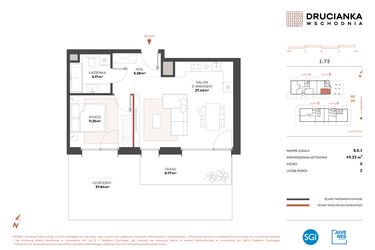 Rzut - Mieszkanie na sprzedaż 2 pokoje o powierzchni 49,22 m² - numer B.0.1 w Drucianka Wschodnia