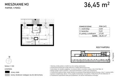 Rzut - Mieszkanie na sprzedaż 1 pokój o powierzchni 36,45 m² - numer M3 w Finezja