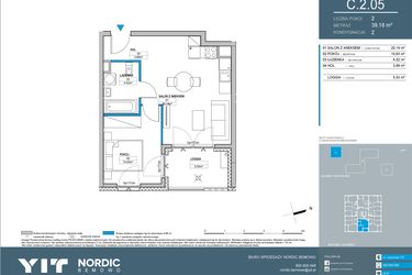 Rzut - Mieszkanie na sprzedaż 2 pokoje o powierzchni 39,22 m² - numer C.2.05 w Nordic Bemowo - etap IV