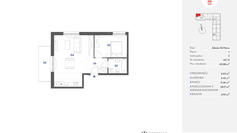 Rzut - Mieszkanie na sprzedaż 2 pokoje o powierzchni 49,08 m² - numer A1.1.4 w Mieszkaj w mieście Załęska od Nowa