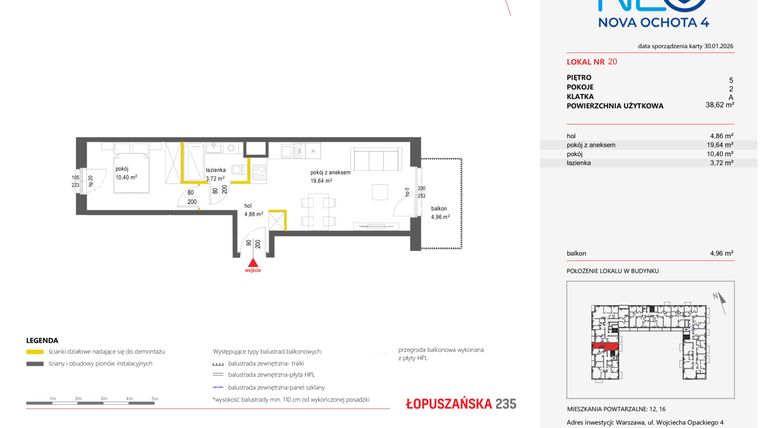 Rzut - Mieszkanie na sprzedaż 2 pokoje o powierzchni 38,62 m² - numer 20 w Neo Nova Ochota 4