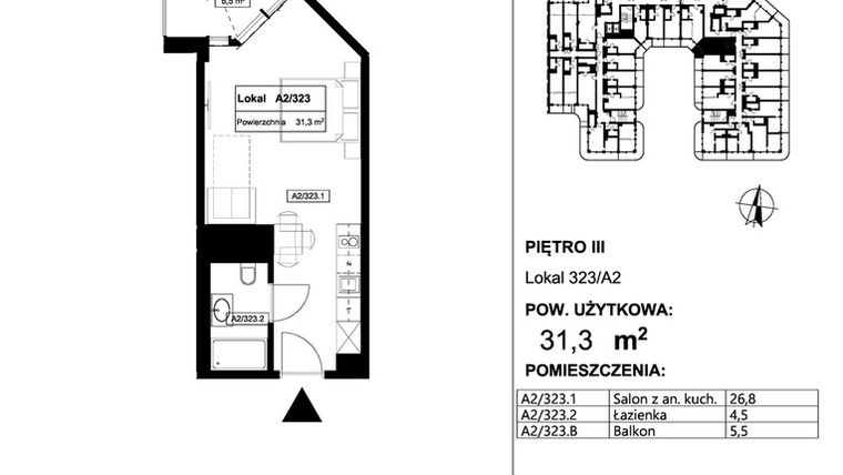 Rzut - Mieszkanie na sprzedaż 1 pokój o powierzchni 31,3 m² - numer 323 w Apollo Resort
