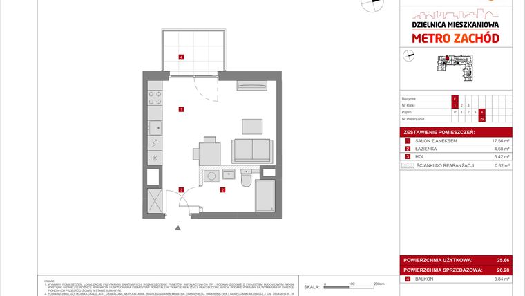 Rzut - Mieszkanie na sprzedaż 1 pokój o powierzchni 26,28 m² - numer F.29 w Dzielnica Mieszkaniowa Metro Zachód - etap 8