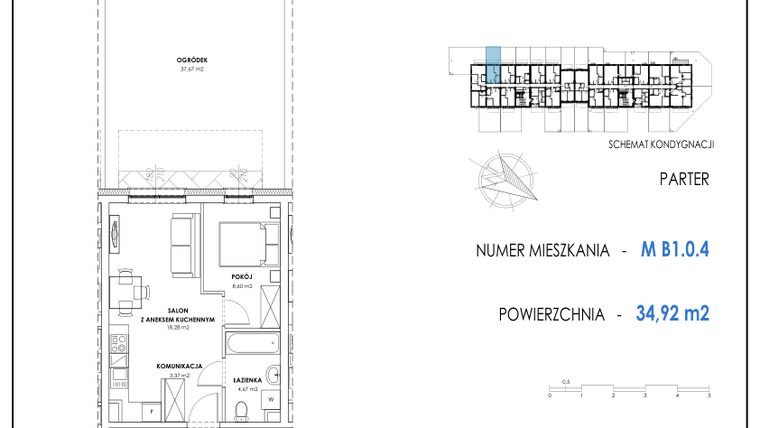 Rzut - Mieszkanie na sprzedaż 2 pokoje o powierzchni 34,92 m² - numer B1.0.4 w Apartamenty Nowe Miasto
