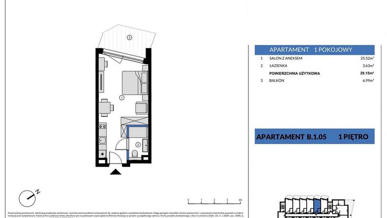 Rzut - Mieszkanie na sprzedaż 1 pokój o powierzchni 29,15 m² - numer B.1.05 w Wind Yacht