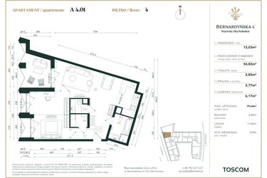 Rzut - Mieszkanie na sprzedaż 1 pokój o powierzchni 79,64 m² - numer A/4/01 w Bernardyńska 4